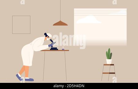 Vaccine discovery. Chemical laboratory research. Scientist woman in face mask with microscope and flask working on antiviral treatment development Stock Vector