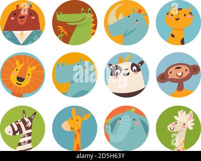 Big vector set of cute cartoon animals faces in flat style Stock Vector