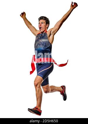 one young caucasian man practicing athletics runner running sprinter sprinting  in studio  isolated on white background Stock Photo