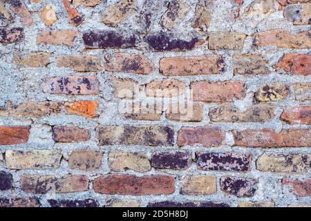 Old brown red color brick wall background and texture, closeup view. Exterior building weathered facade detail Stock Photo