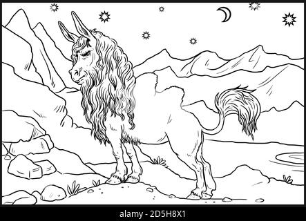 Fairy tale horse with lion's mane drawing. Coloring page for horse lovers. Stock Photo
