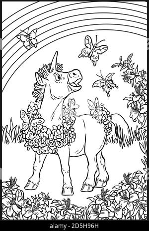 Cute unicorn horse. Rainbow animal horn character. Watercolor