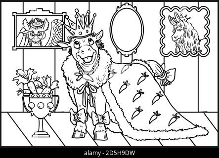 Funny unicorn king for coloring. Coloring page for horse lovers. Stock Photo