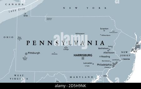 Pennsylvania, PA, gray political map. The Commonwealth of Pennsylvania, a state in the Northeastern United States of America with capital Harrisburg.