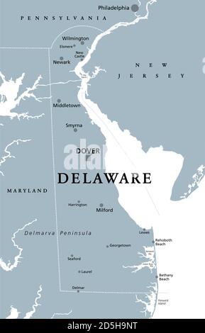 Delaware, DE, gray political map. State in Mid-Atlantic region of United States of America. Capital Dover. The First State. The Small Wonder. Stock Photo