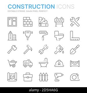 Collection of construction related related line icons. 64x64 Pixel Perfect. Editable stroke Stock Vector