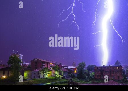 lightning storm during a winter night Stock Photo