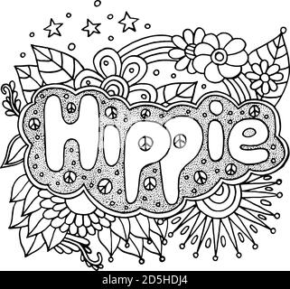 Coloring page for adults with motivational quote - Hippie. Doodle lettering. Art therapy antistress illustration. Black and white line art. Vector Stock Vector