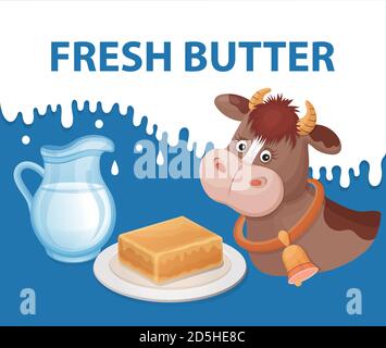 Fresh dairy butter on plate with jug of milk and funny cow in cartoon style. Traditional breakfast organic food. Vector packing design farm  products. Stock Vector