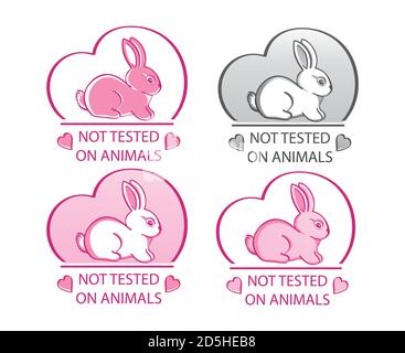 Not tested on animals vector icon set. Cruelty free. Hand drawn rabbit sign in heart shape. Natural cosmetic products, love and protect animal rights Stock Vector