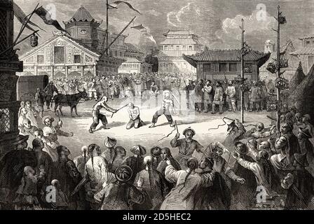 Public execution in Beijing, China. Old XIX century engraved Journey from Shanghai to Moscow Le Tour du Monde 1864 Stock Photo