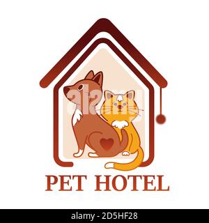 Pet hotel logo design. Pet house building or temporary home for cats and dogs, love and care services for animals. Colored cartoon vector illustration Stock Vector