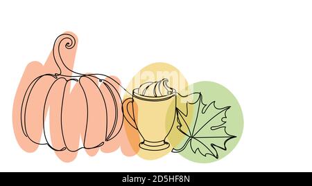 Pumpkin, a cup and a leaf in a hand drawn linear style with colorful abstract stains. Isolated on white. Stock Vector