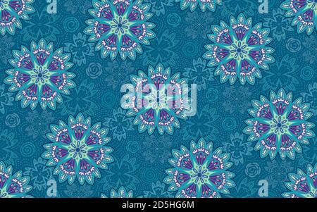 Folk art and nature inspired floral mandala with lacy scattered elements resembling snow flakes in fresh aquamarine, purple and spring green tones. Stock Vector