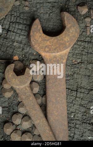 rusty jaw spanners in a workshop Stock Photo