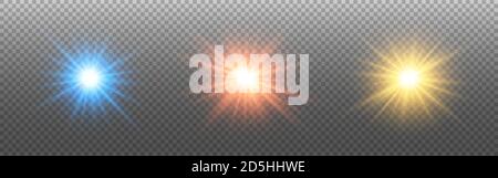Glowing light set. Star burst collection on transparent backdrop. Gold, silver and bronze stars with bright glitter. Festive decoration. Vector Stock Vector