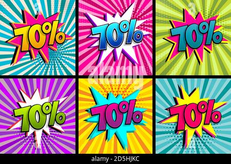 Comic text 70 percent sale set discount. Stock Vector