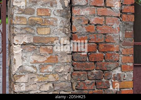 Two different bricks walls building exterior structure Stock Photo