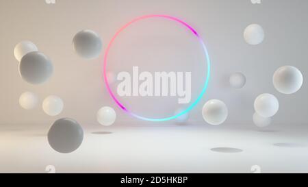 Product display area concept created with globe shapes and circle neon light background 3D rendering Stock Photo