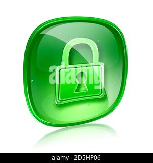 Lock icon green glass, isolated on white background. Stock Photo