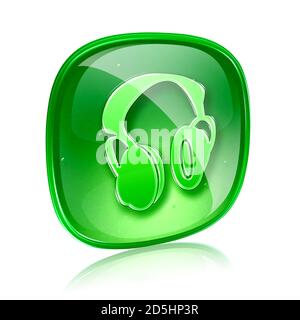 headphones icon green glass, isolated on white background. Stock Photo