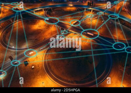 Autonomous transportation concept. Self-driving cars and trucks on city roads and transport junctions, iot with vehicles connected with internet, big data and each other. Stock Photo