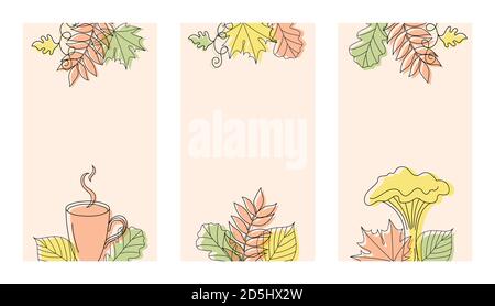 Three different vertical autumn backgrounds in linear style with a mushroom, an acorn, a cup and some leaves. Stock Vector