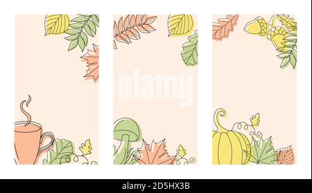 Three different vertical autumn backgrounds in linear style with a mushroom, a pumpkin, a cup and some leaves. Stock Vector