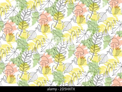 Autumn seamless pattern in linear style with some leaves and mushrooms.  Stock Vector