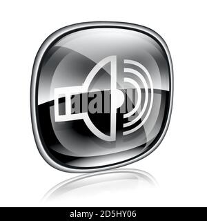 speaker icon black glass, isolated on white background. Stock Photo