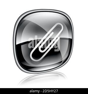 Paperclip icon black glass, isolated on white background Stock Photo