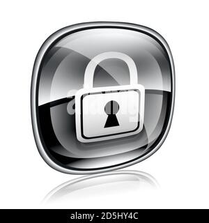 Lock icon black glass, isolated on white background. Stock Photo