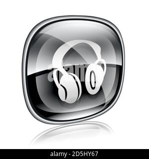 headphones icon black glass, isolated on white background. Stock Photo
