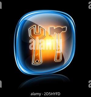 Tools icon neon, isolated on black background Stock Photo