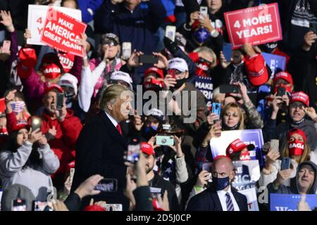 Johnstown, United States. 13th Oct, 2020. President Donald Trump makes his way to the podium to speak to his supporters at the John Murtha Johnstown-Cambria County Airport, near Johnstown, Pennsylvania on Tuesday, October 13, 2020. Photo by Archie Carpenter/UPI Credit: UPI/Alamy Live News Stock Photo