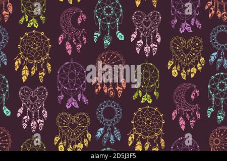Boho dreamcatcher with feathers seamless pattern. Ethnic design, textile boho chic. Talisman sweet dream hand drawn. Native American indian design. Ethnic bohemian vector dark background Stock Vector