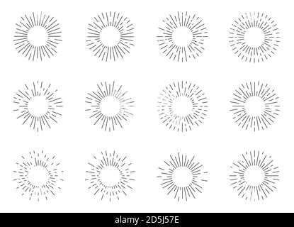 Radiant sun burst shapes set. Design elements vintage hipster style light rays frames for retro logo or emblem. Black linear doodle of sunburst firework. Sunlight symbol. Isolated vector illustration Stock Vector