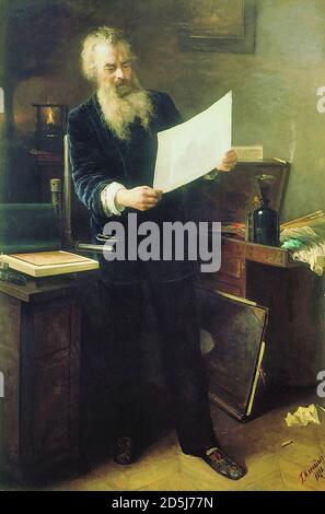 Mjassojedov Grigorij - First Impression (Portrait of Ivan Shishkin) - Russian School - 19th  Century Stock Photo