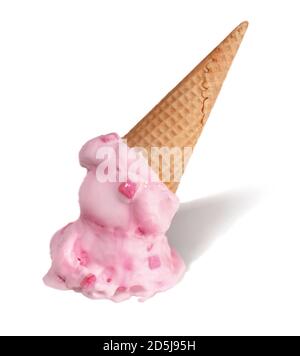 Melting pink bubble gum ice cream cone upside down photographed on a white background Stock Photo