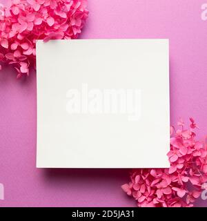 Blank memo pad, empty paper with dry pink hydrangea flowers on pink background. top view, copy space Stock Photo