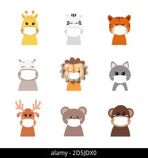 Cute animals wearing face masks protecting from virus or dust. Cartoon vector illustration. Stock Vector