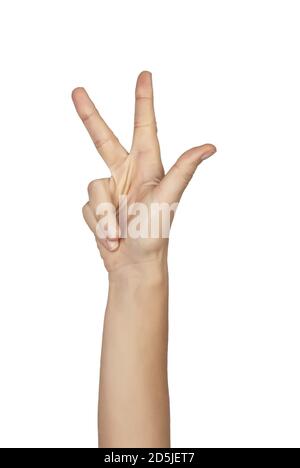 Isolated female hand shows the number three on white background Stock Photo