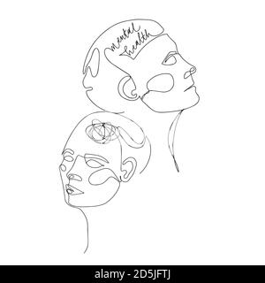 Mental Health For Women. One Line Drawing of Two Human Heads With Quote In Brain. Vector Illustration For Therapist And Psychologist Stock Vector