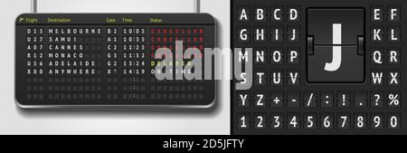 Realistic airport board isolated. Vector black flip airport scoreboard template. 3d airline timetable with departure or arrival with shadows. Analog airport board font on dark background Stock Vector