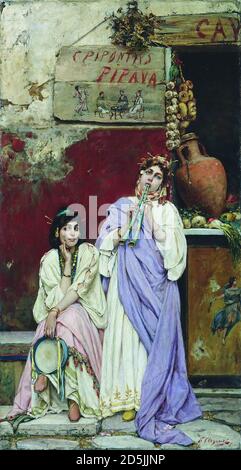 Svedomsky Pavel Alexandrovich - Two Roman Women with Tambourine and Flute - Russian School - 19th  Century Stock Photo