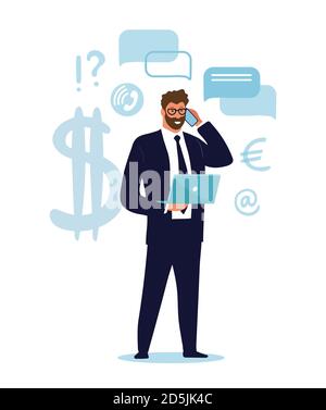A businessman is standing with a laptop and talking on the phone. Concept illustration about business, career, investment. Cartoon vector illustration isolated on white background Stock Vector