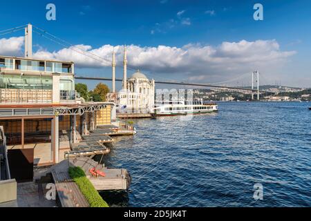 Ortakoy mosque and Bosphorus bridge in Istanbul, Turkey Stock Photo
