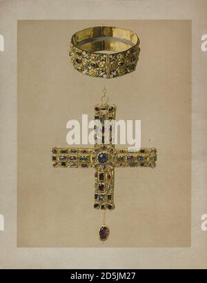 A chromolithograph print depicting a crown and cross of Berengar I (Latin: Berengarius; Perngarius; Italian: Berengario; c. 845 – 7 April 924) was the Stock Photo