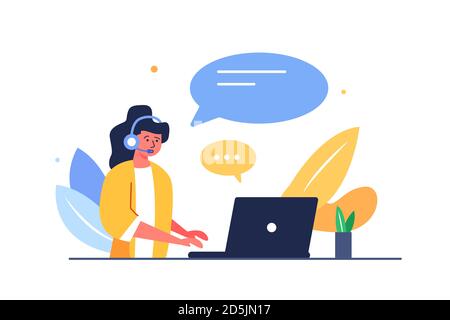 Woman helps people through headset on the internet Stock Vector