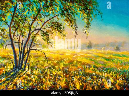 Oil painting with acrylic Beautiful tree on sunny summer spring meadow in morning first rays of sun sunset. Morning gentle misty rural landscape natur Stock Photo